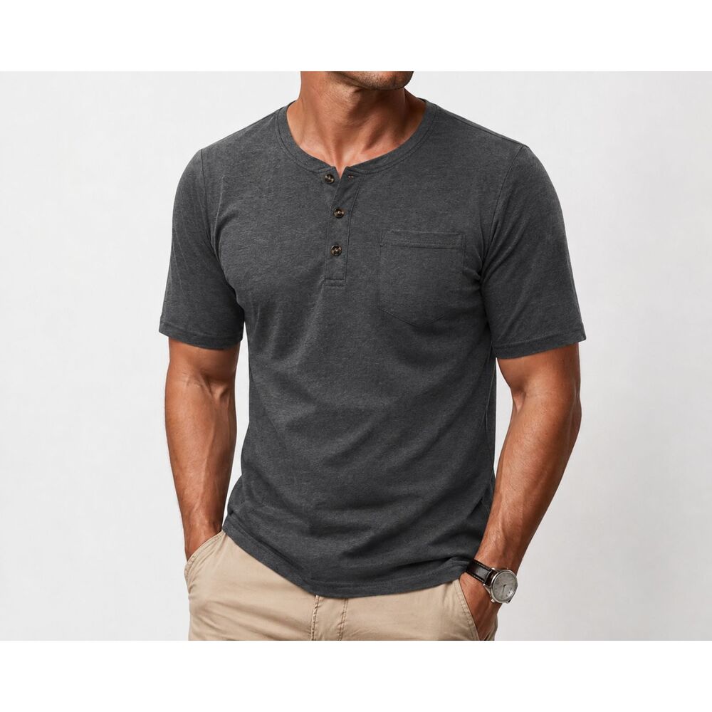 NIP CRYSULLY Men’s Medium Dark Gray Cotton Henley Shirt Short Sleeve Pocket